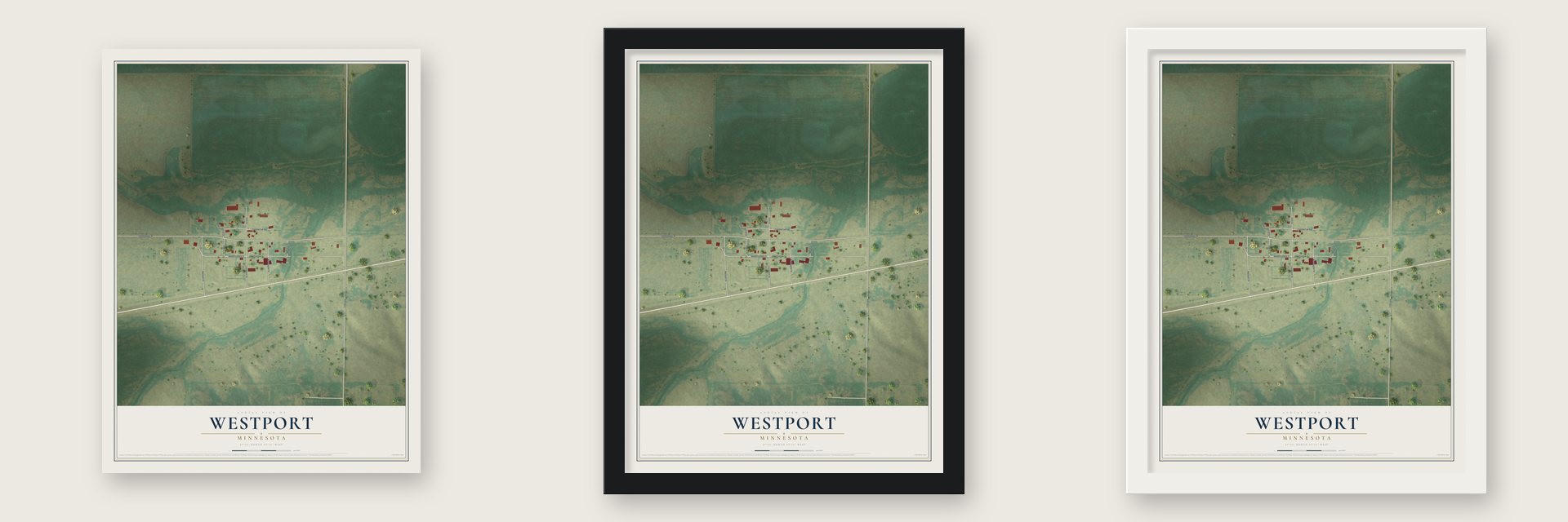 Westport, Minnesota map unframed, in a black wood frame and in a white wood frame