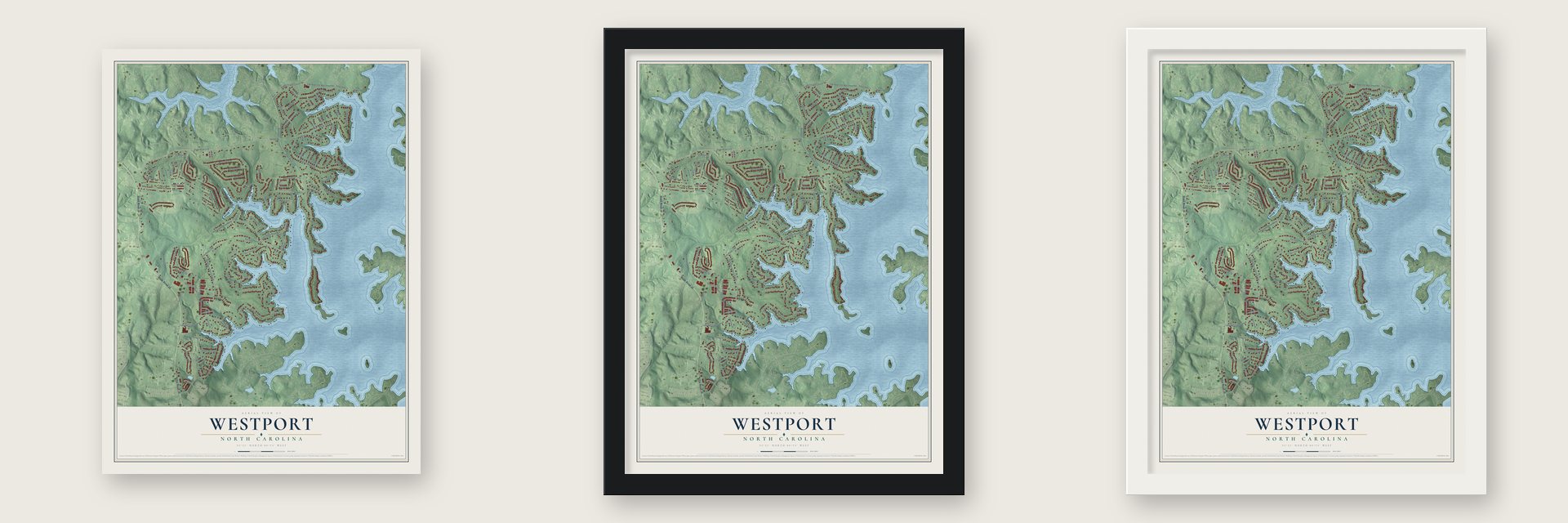 Westport, North Carolina map unframed, in a black wood frame and in a white wood frame