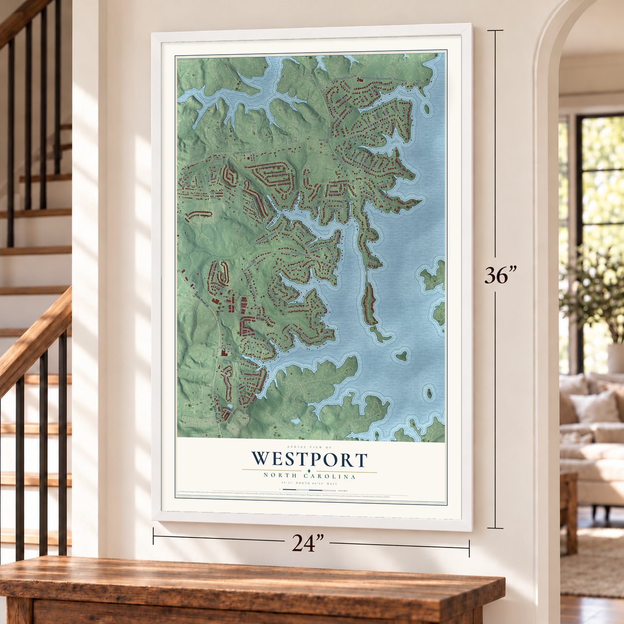 Westport, North Carolina map, 24 x 36 inch print in a white frame by a staircase