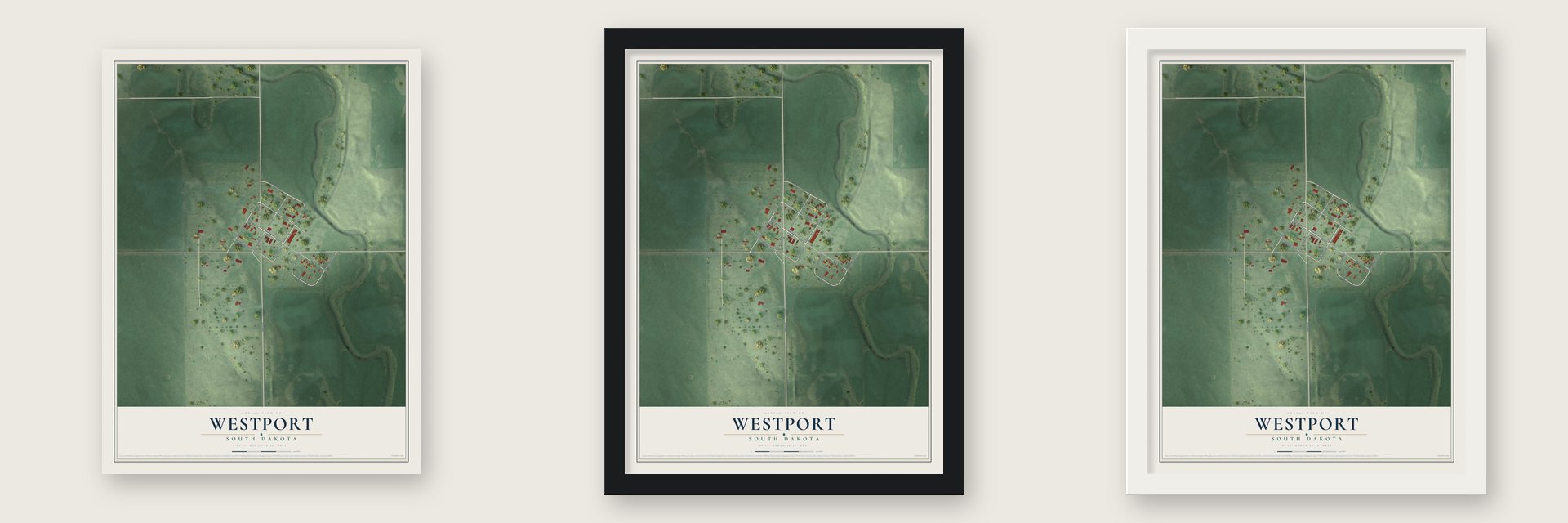Westport, South Dakota map unframed, in a black wood frame and in a white wood frame
