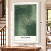 Westport, South Dakota map, 24 x 36 inch print in a white frame by a staircase