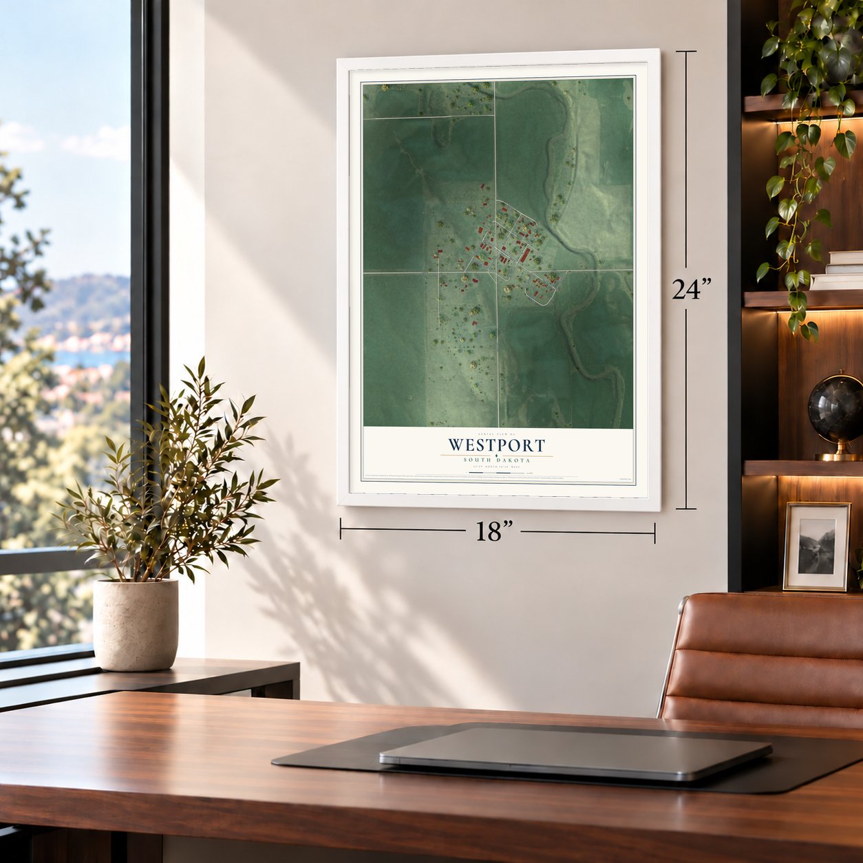 Westport, South Dakota map, 18 x 24 inch print in a white frame in a home office
