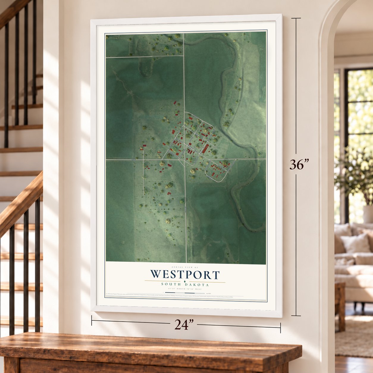 Westport, South Dakota map, 24 x 36 inch print in a white frame by a staircase