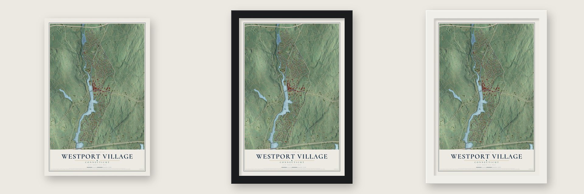 Westport Village, Connecticut map unframed, in a black wood frame and in a white wood frame