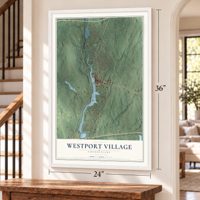 Westport Village, Connecticut map, 24 x 36 inch print in a white frame by a staircase