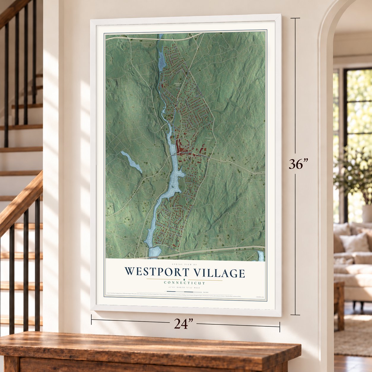 Westport Village, Connecticut map, 24 x 36 inch print in a white frame by a staircase