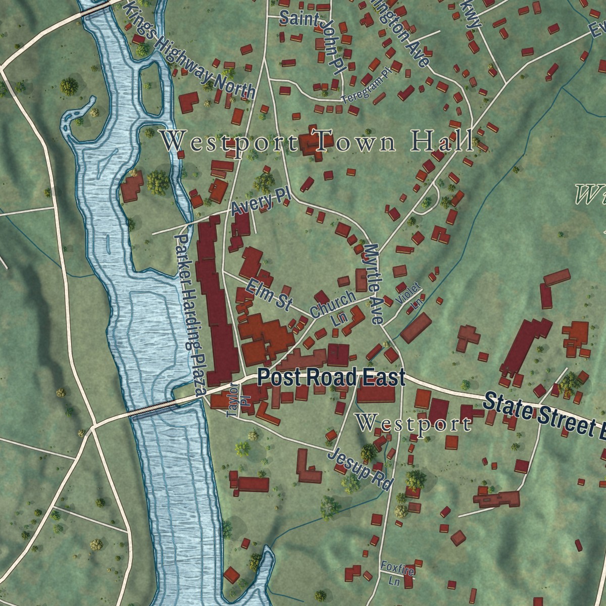 Second close-up of the map of Westport Village, Connecticut print showing more streets and buildings