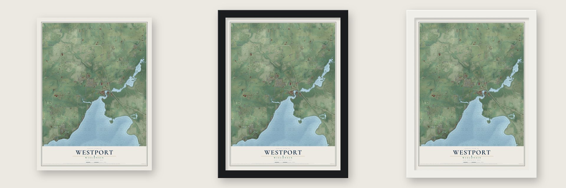 Westport, Wisconsin map unframed, in a black wood frame and in a white wood frame