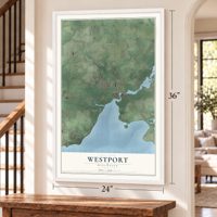 Westport, Wisconsin map, 24 x 36 inch print in a white frame by a staircase