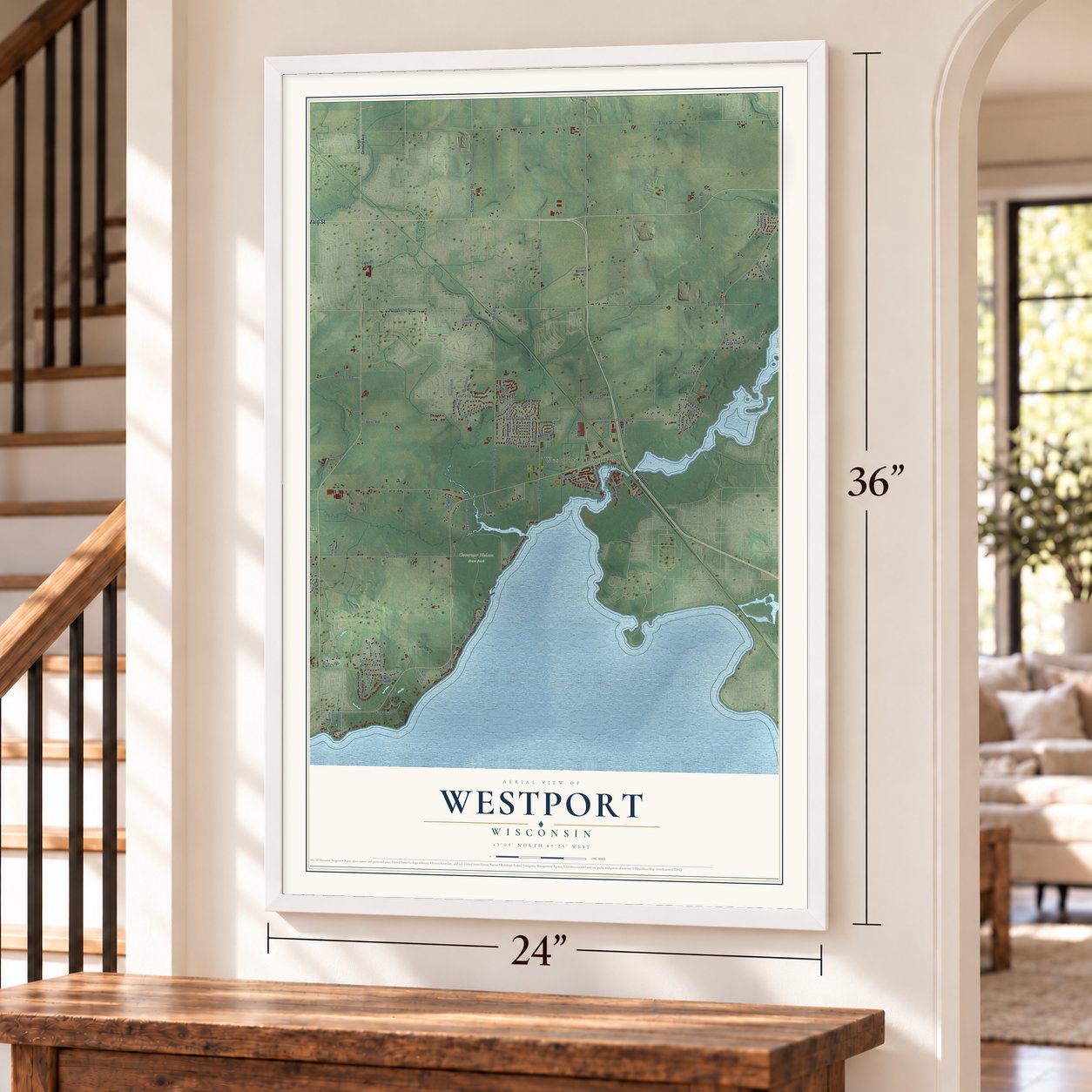 Westport, Wisconsin map, 24 x 36 inch print in a white frame by a staircase