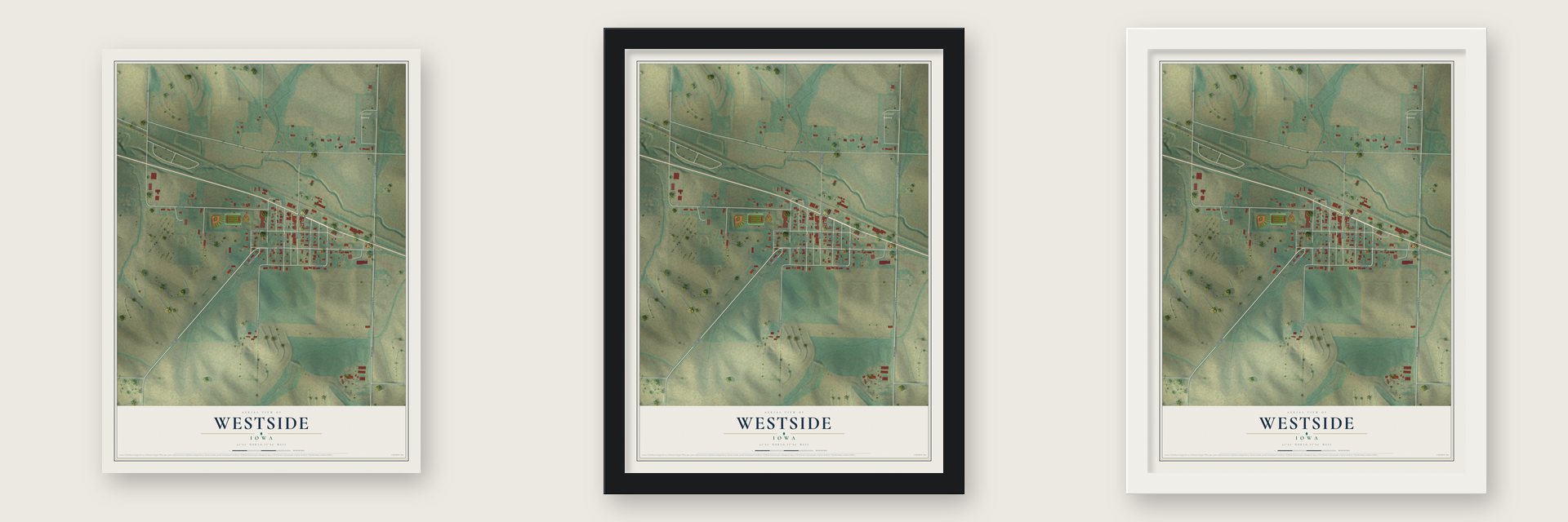 Westside, Iowa map unframed, in a black wood frame and in a white wood frame