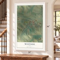 Westside, Iowa map, 24 x 36 inch print in a white frame by a staircase