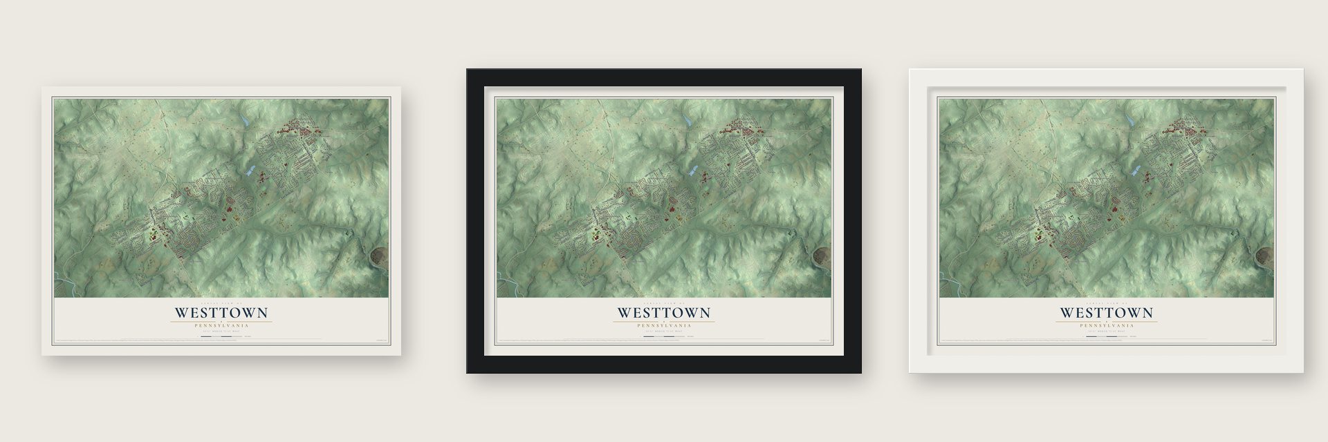 Westtown, Pennsylvania map unframed, in a black wood frame and in a white wood frame