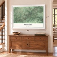 Westtown, Pennsylvania map, 24 x 36 inch print in a white frame above a dresser by a staircase