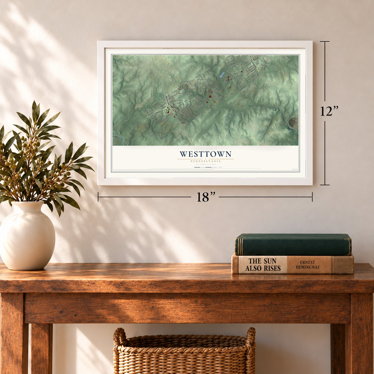 Westtown, Pennsylvania map, 12 x 18 inch print in a white frame in an entryway