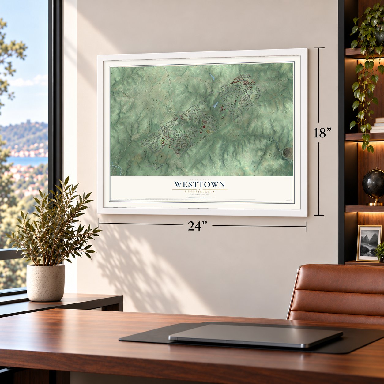 Westtown, Pennsylvania map, 18 x 24 inch print in a white frame in a home office