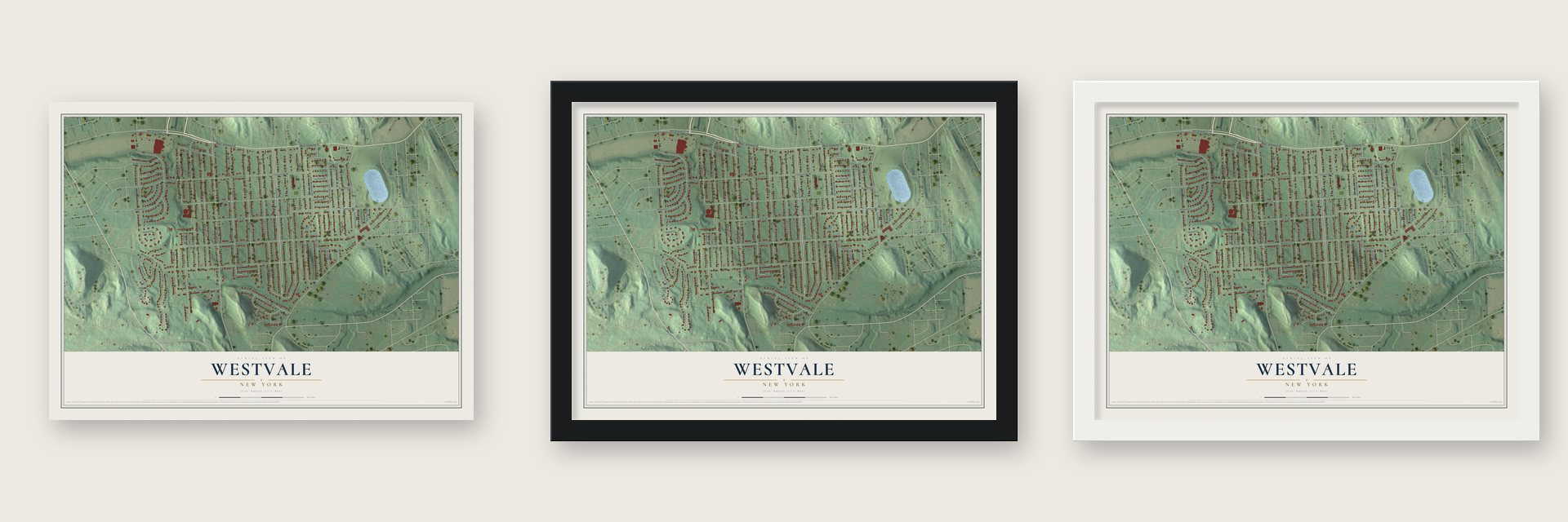 Westvale, New York map unframed, in a black wood frame and in a white wood frame
