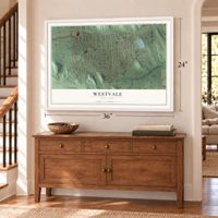 Westvale, New York map, 24 x 36 inch print in a white frame above a dresser by a staircase