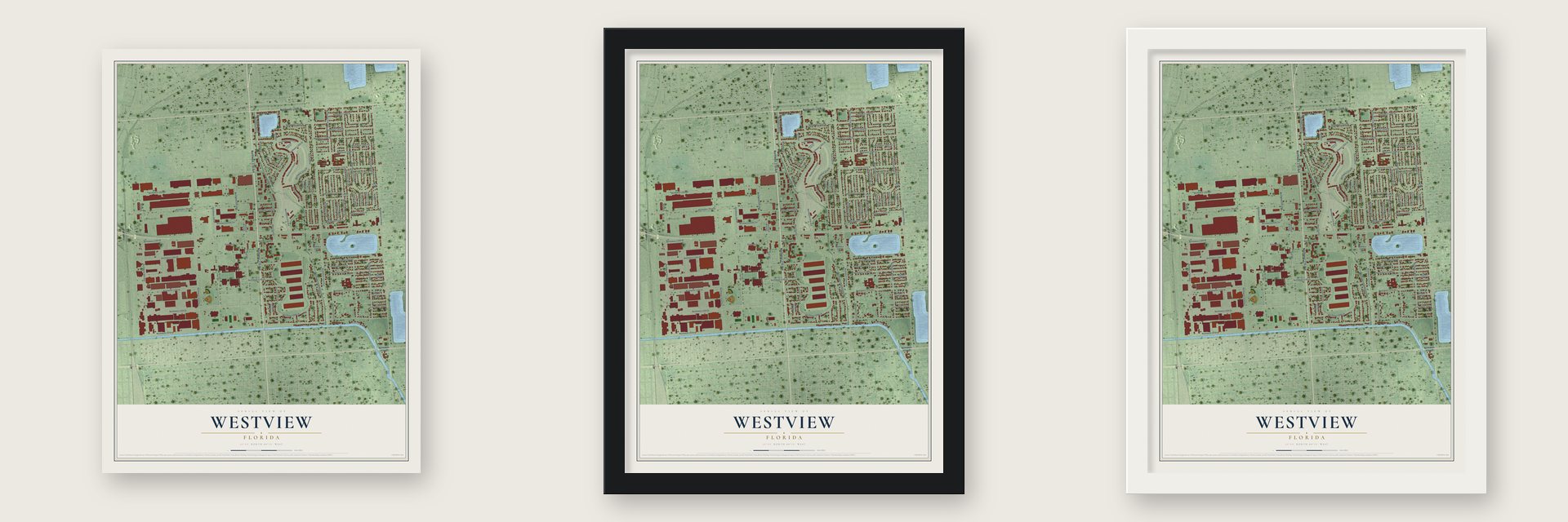 Westview, Florida map unframed, in a black wood frame and in a white wood frame