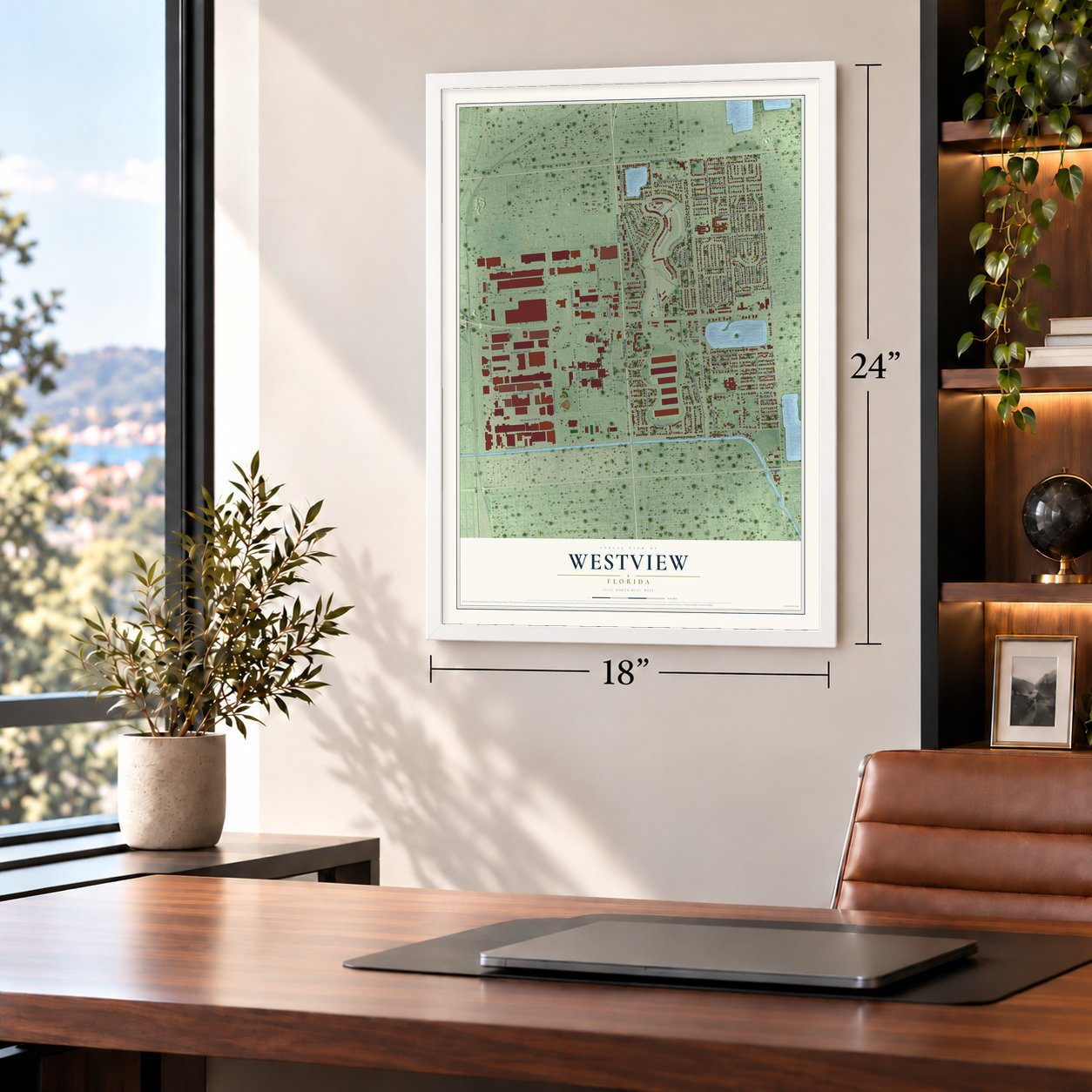 Westview, Florida map, 18 x 24 inch print in a white frame in a home office