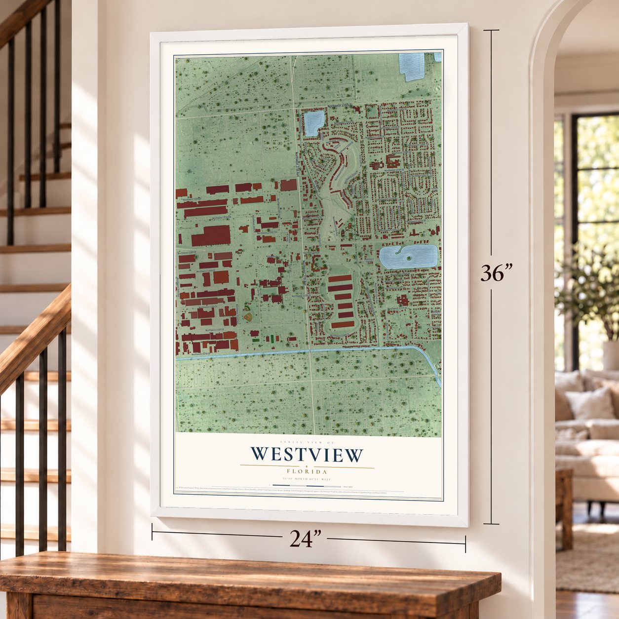 Westview, Florida map, 24 x 36 inch print in a white frame by a staircase