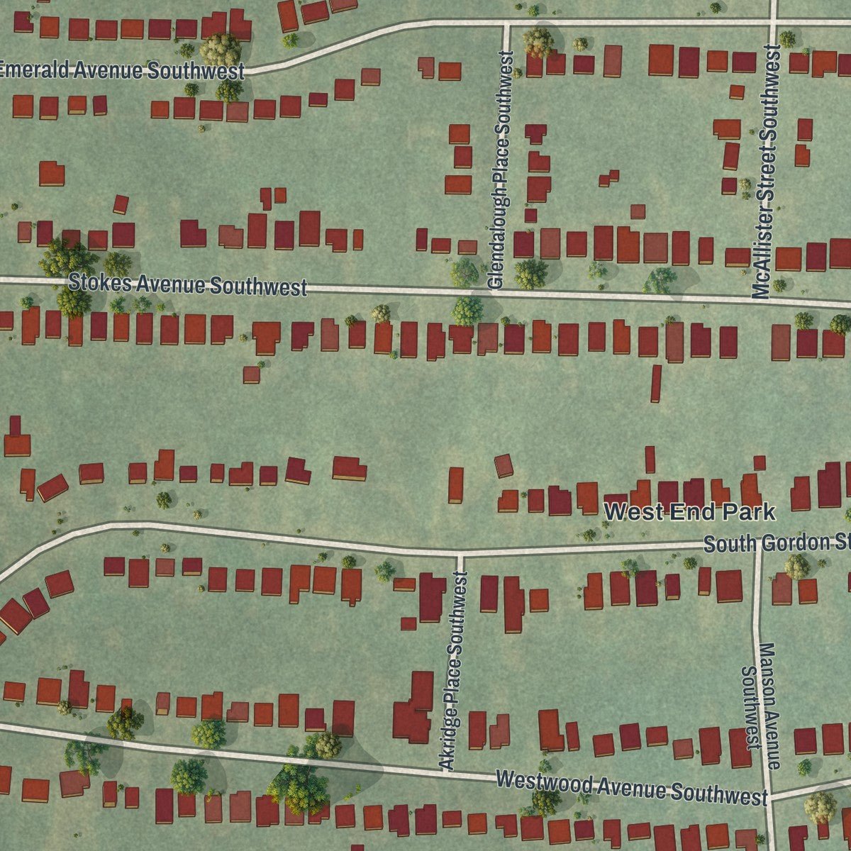 Second close-up of the map of Westview, Georgia print showing more streets and buildings