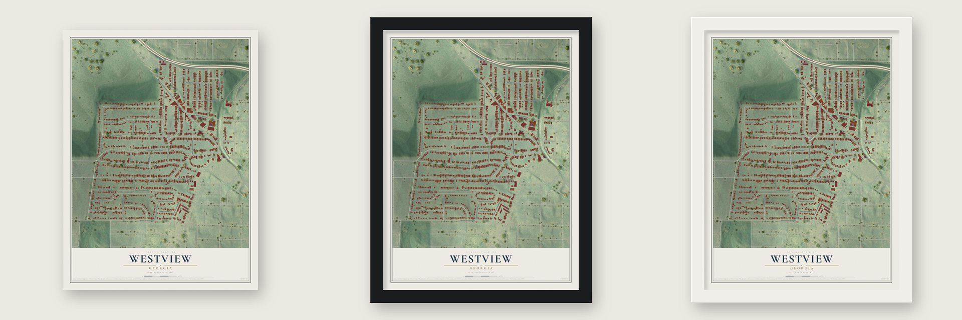 Westview, Georgia map unframed, in a black wood frame and in a white wood frame