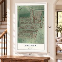Westview, Georgia map, 24 x 36 inch print in a white frame by a staircase
