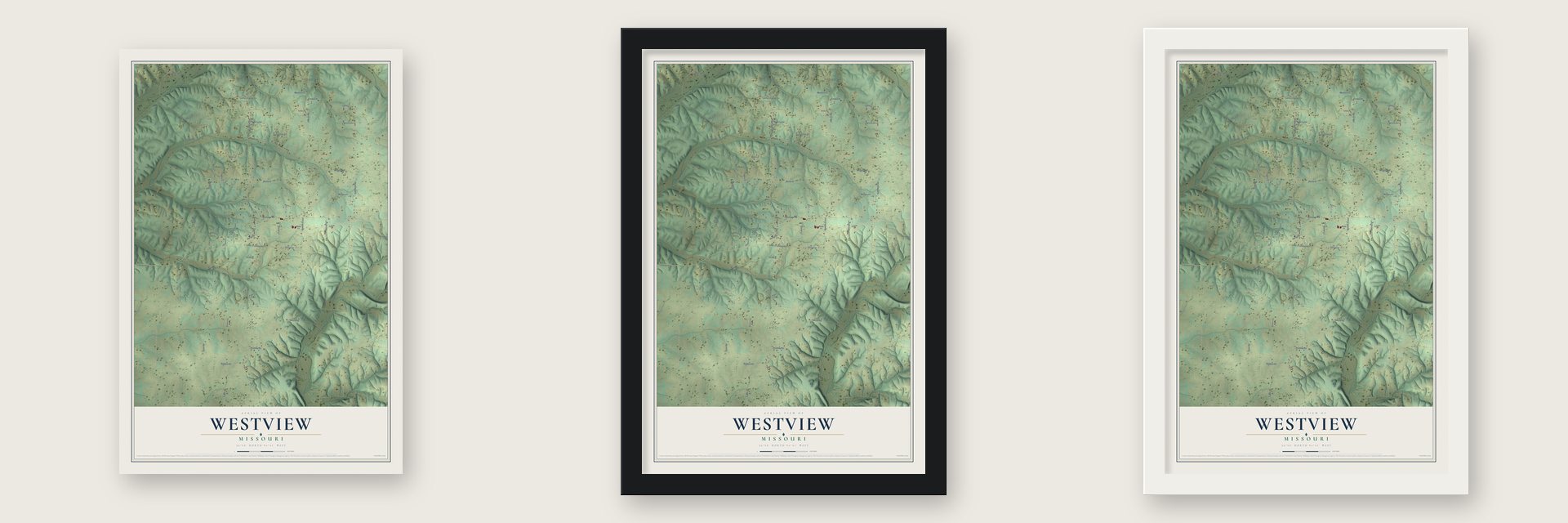 Westview, Missouri map unframed, in a black wood frame and in a white wood frame