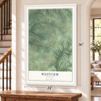 Westview, Missouri map, 24 x 36 inch print in a white frame by a staircase