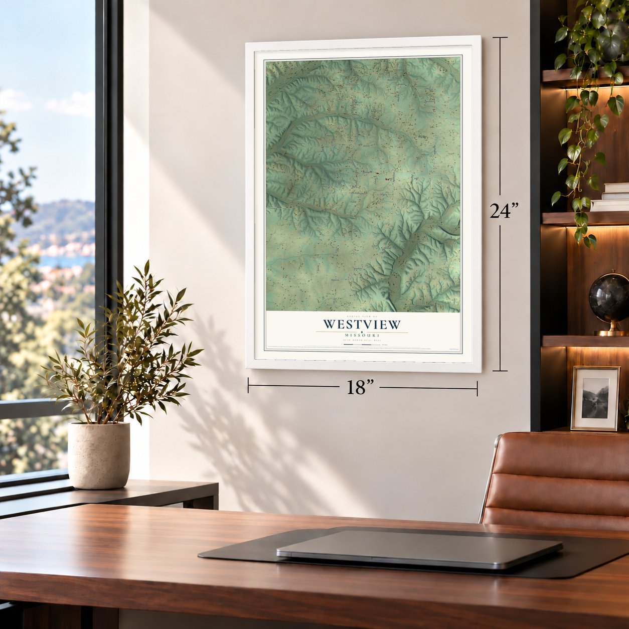 Westview, Missouri map, 18 x 24 inch print in a white frame in a home office