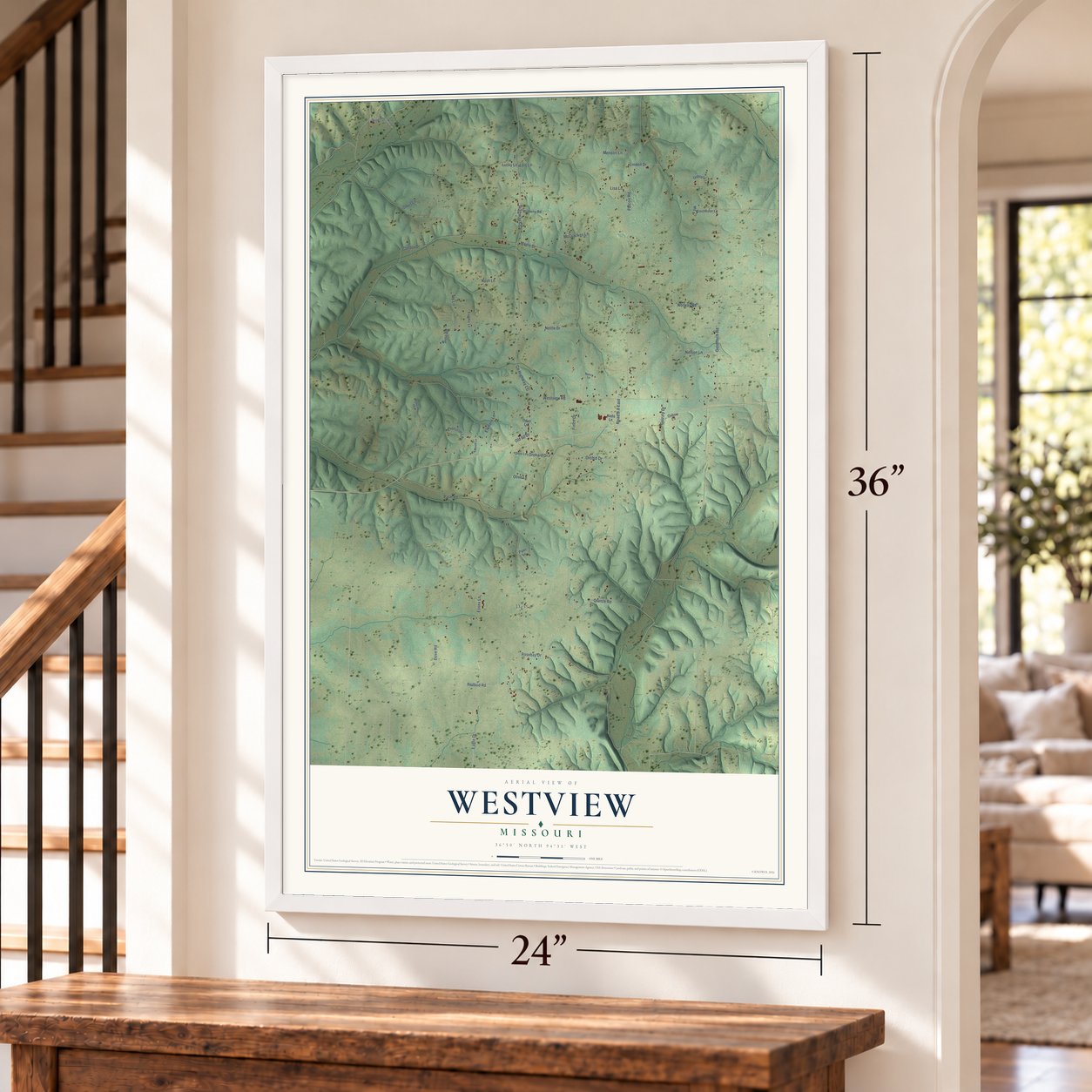Westview, Missouri map, 24 x 36 inch print in a white frame by a staircase