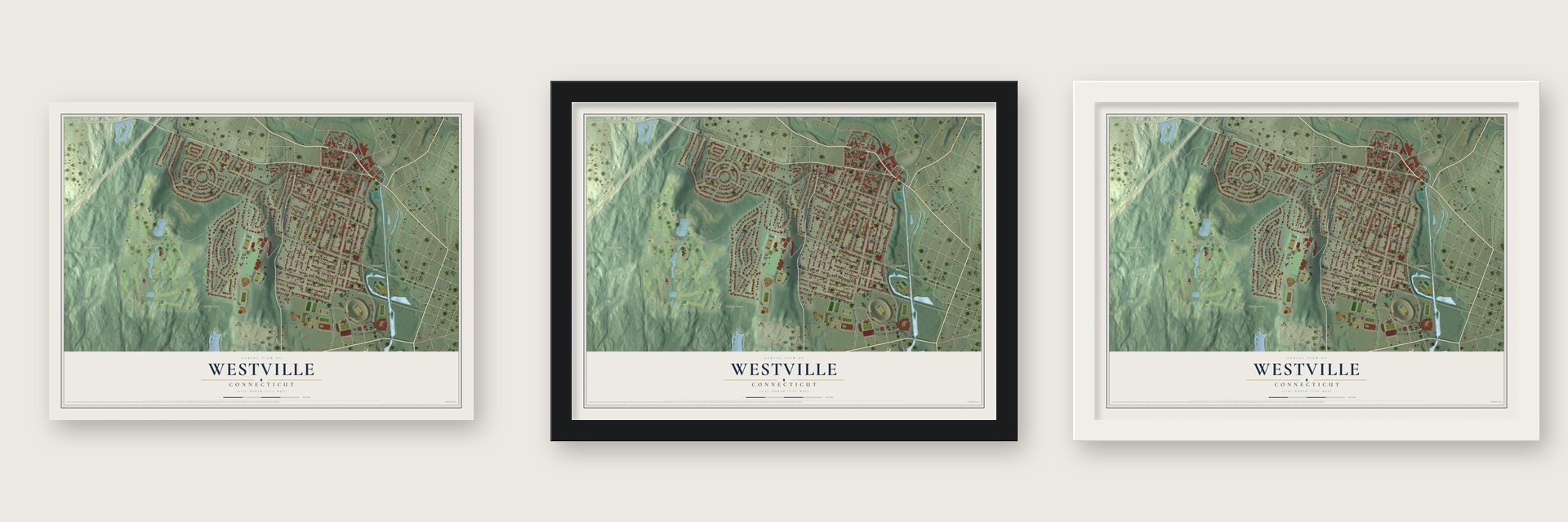 Westville, Connecticut map unframed, in a black wood frame and in a white wood frame