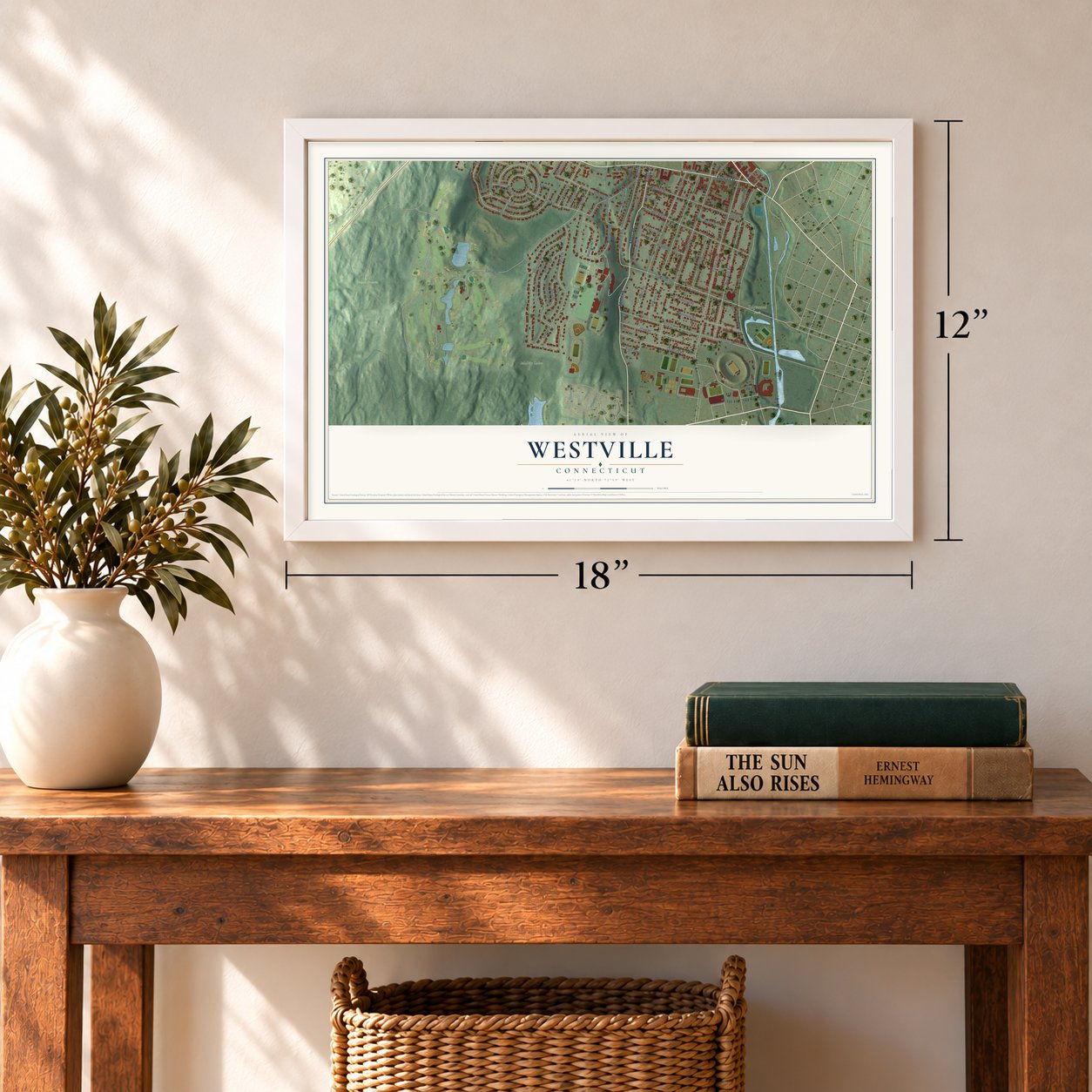 Westville, Connecticut map, 12 x 18 inch print in a white frame in an entryway