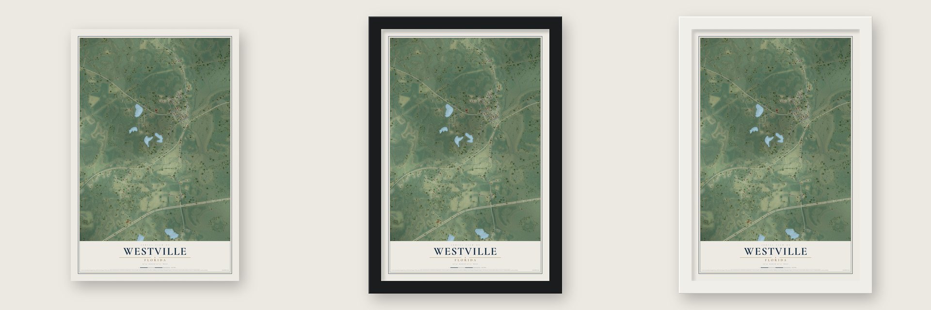 Westville, Florida map unframed, in a black wood frame and in a white wood frame