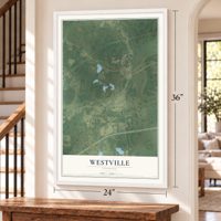 Westville, Florida map, 24 x 36 inch print in a white frame by a staircase