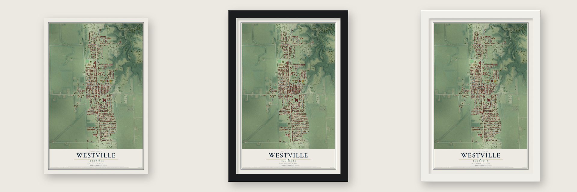 Westville, Illinois map unframed, in a black wood frame and in a white wood frame