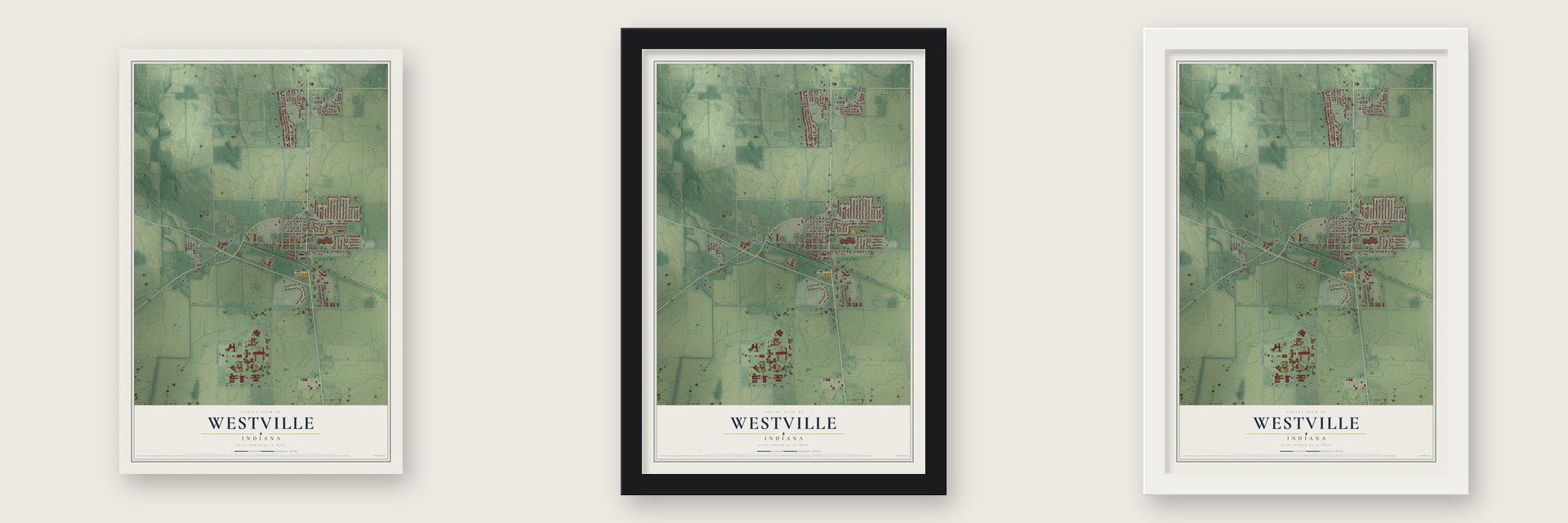 Westville, Indiana map unframed, in a black wood frame and in a white wood frame