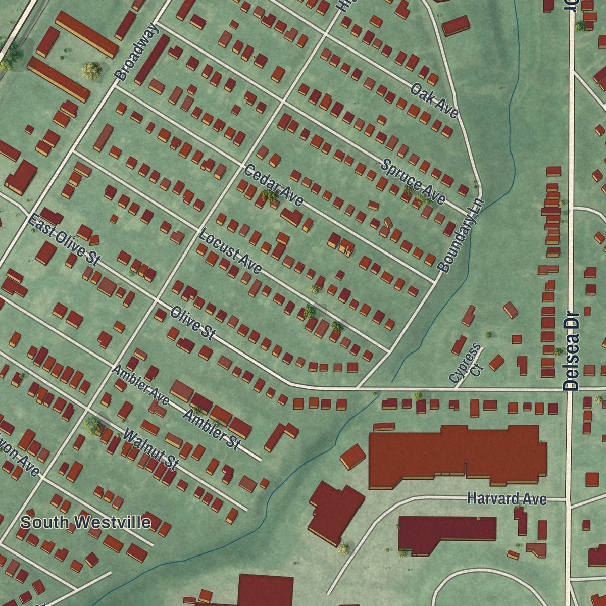 Second close-up of the map of Westville, New Jersey print showing more streets and buildings