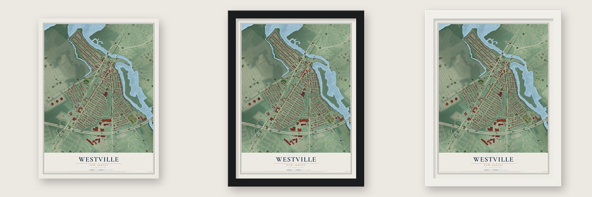 Westville, New Jersey map unframed, in a black wood frame and in a white wood frame