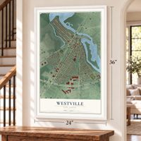 Westville, New Jersey map, 24 x 36 inch print in a white frame by a staircase