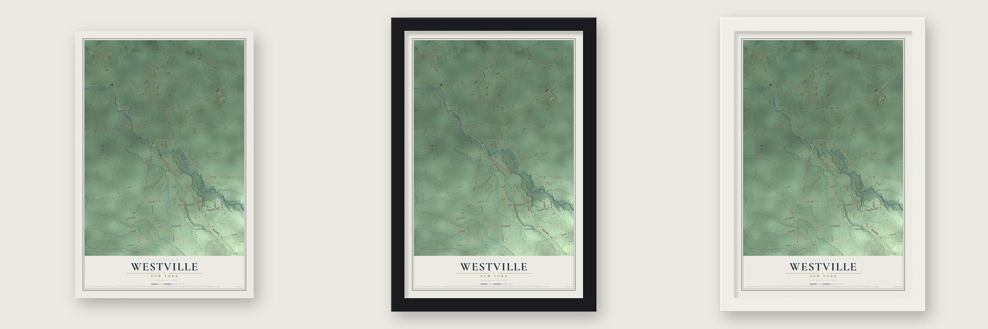 Westville, New York map unframed, in a black wood frame and in a white wood frame