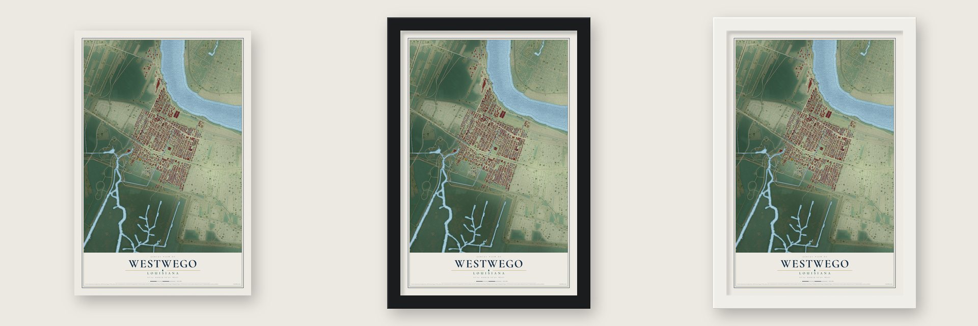 Westwego, Louisiana map unframed, in a black wood frame and in a white wood frame