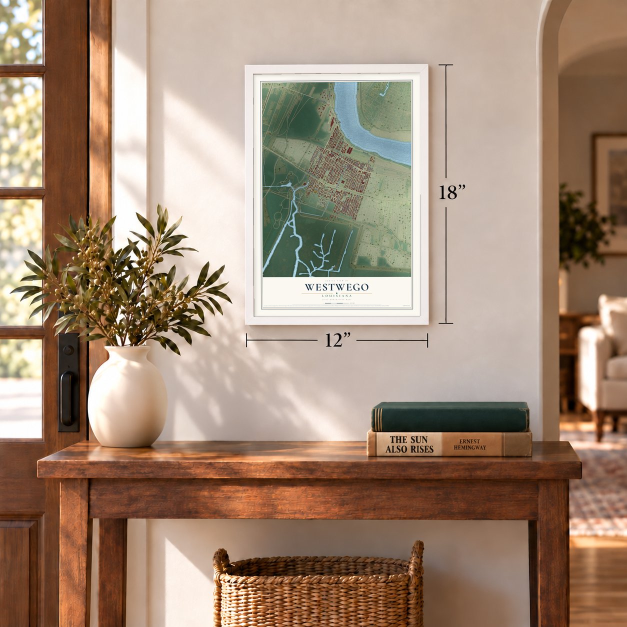 Westwego, Louisiana map, 12 x 18 inch print in a white frame in an entryway