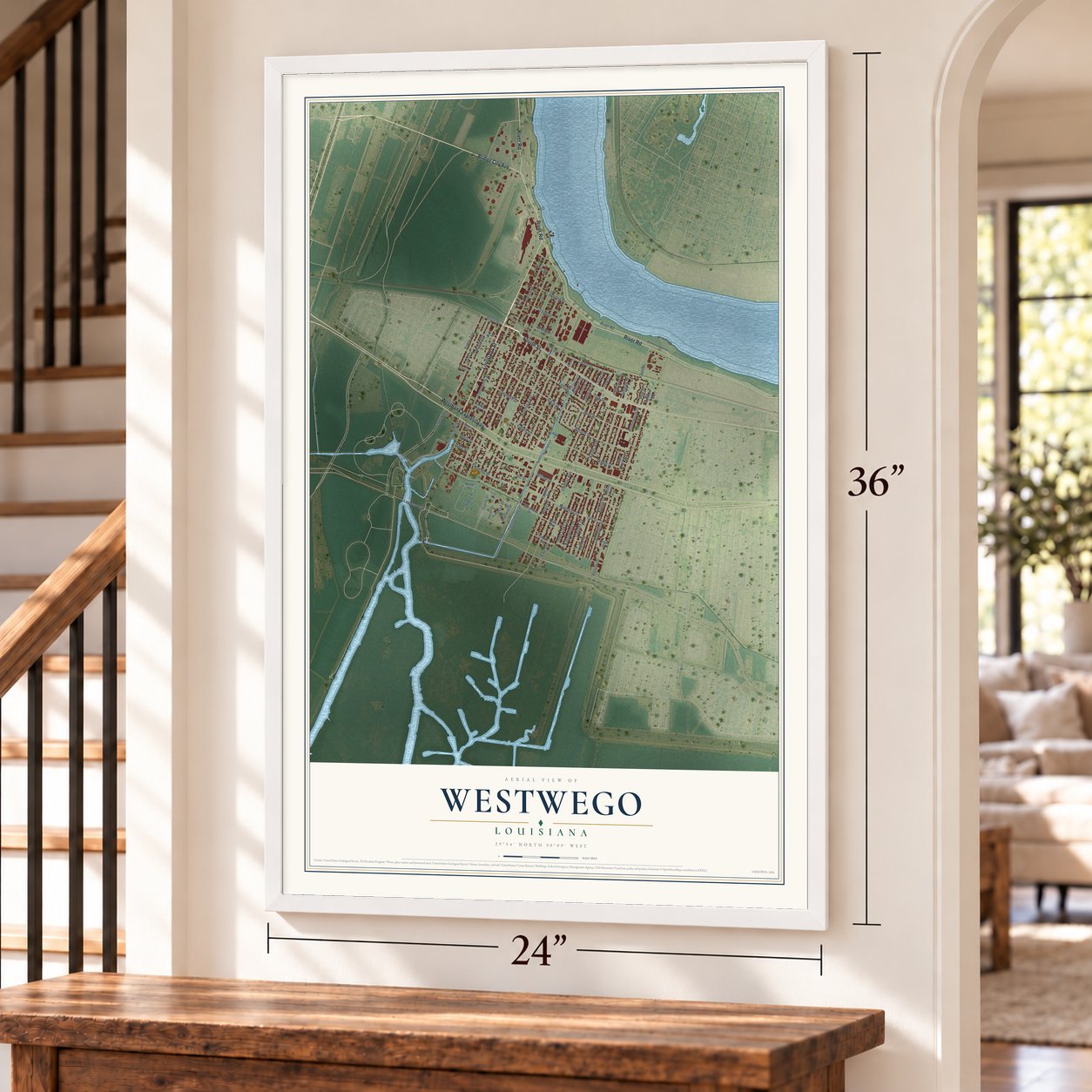 Westwego, Louisiana map, 24 x 36 inch print in a white frame by a staircase