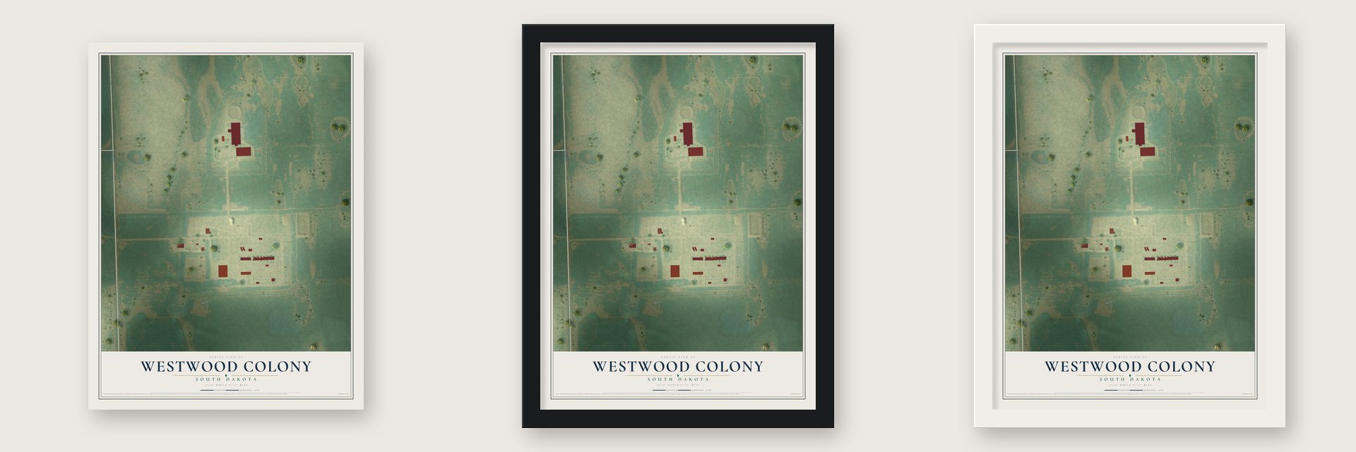 Westwood Colony, South Dakota map unframed, in a black wood frame and in a white wood frame