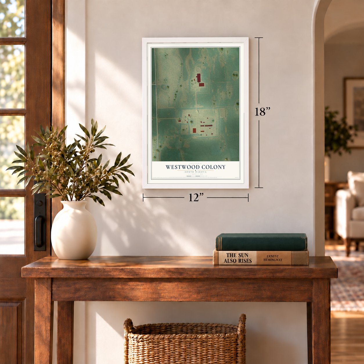 Westwood Colony, South Dakota map, 12 x 18 inch print in a white frame in an entryway