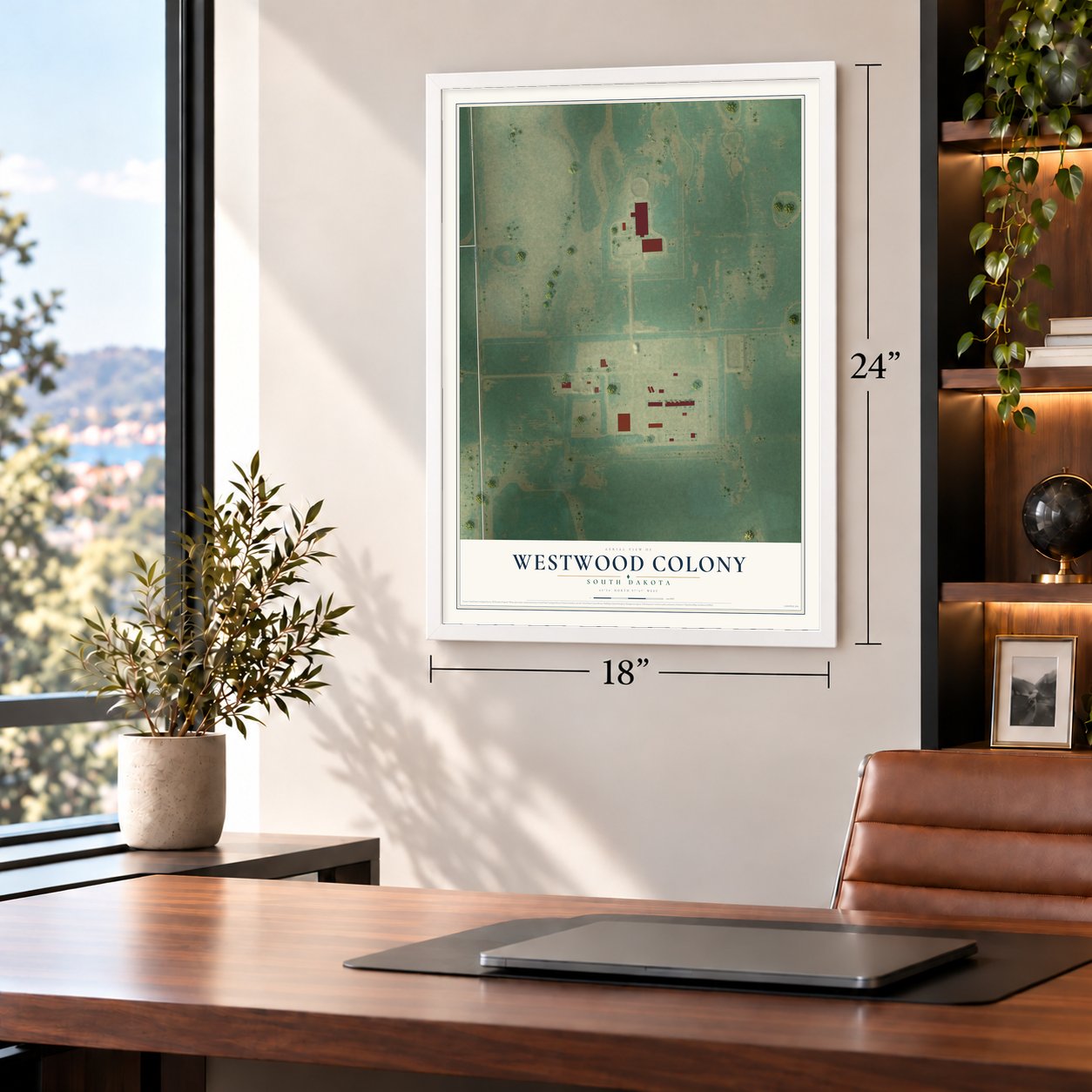 Westwood Colony, South Dakota map, 18 x 24 inch print in a white frame in a home office