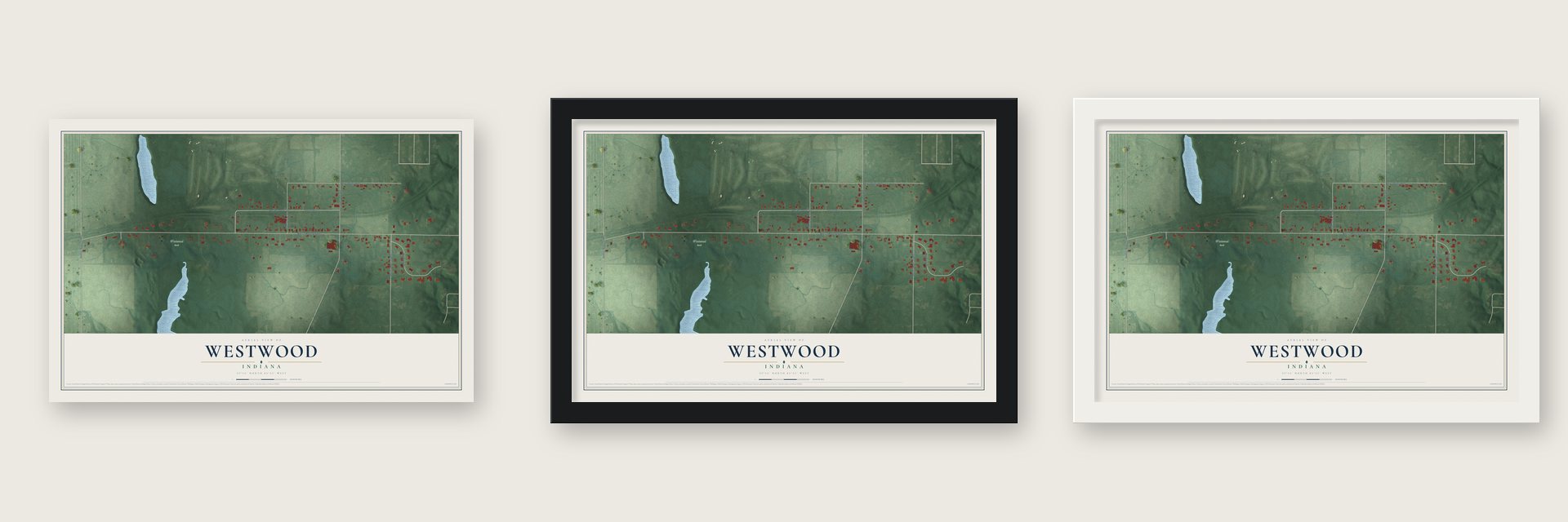 Westwood, Indiana map unframed, in a black wood frame and in a white wood frame