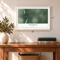 Westwood, Indiana map, 12 x 18 inch print in a white frame in an entryway